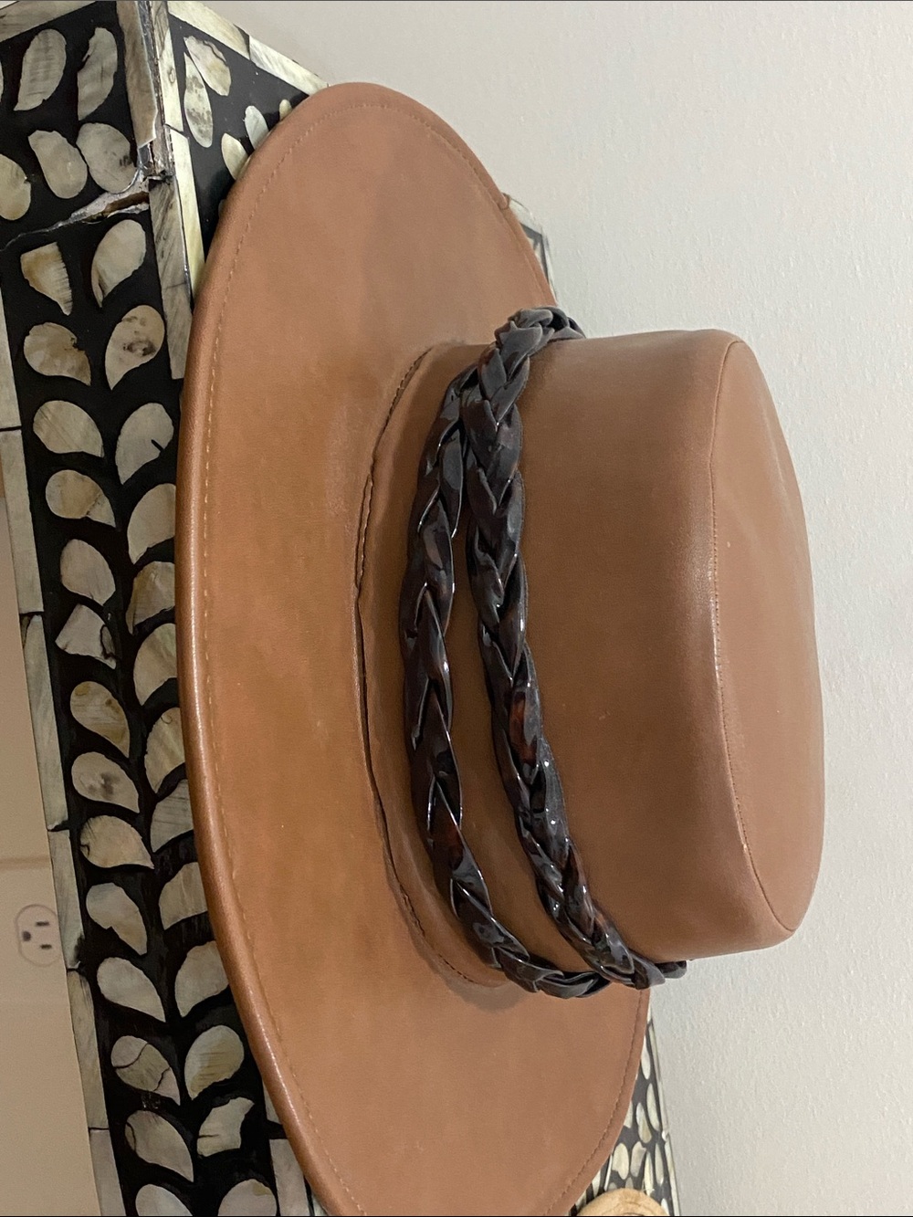 Brown Wide-Brim Leather Hat with Braided Band